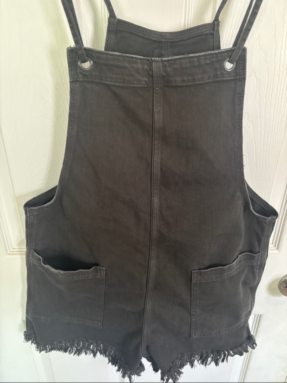 aerie Black Frayed Hem Denim Short Overalls Romper - Picture 3 of 8